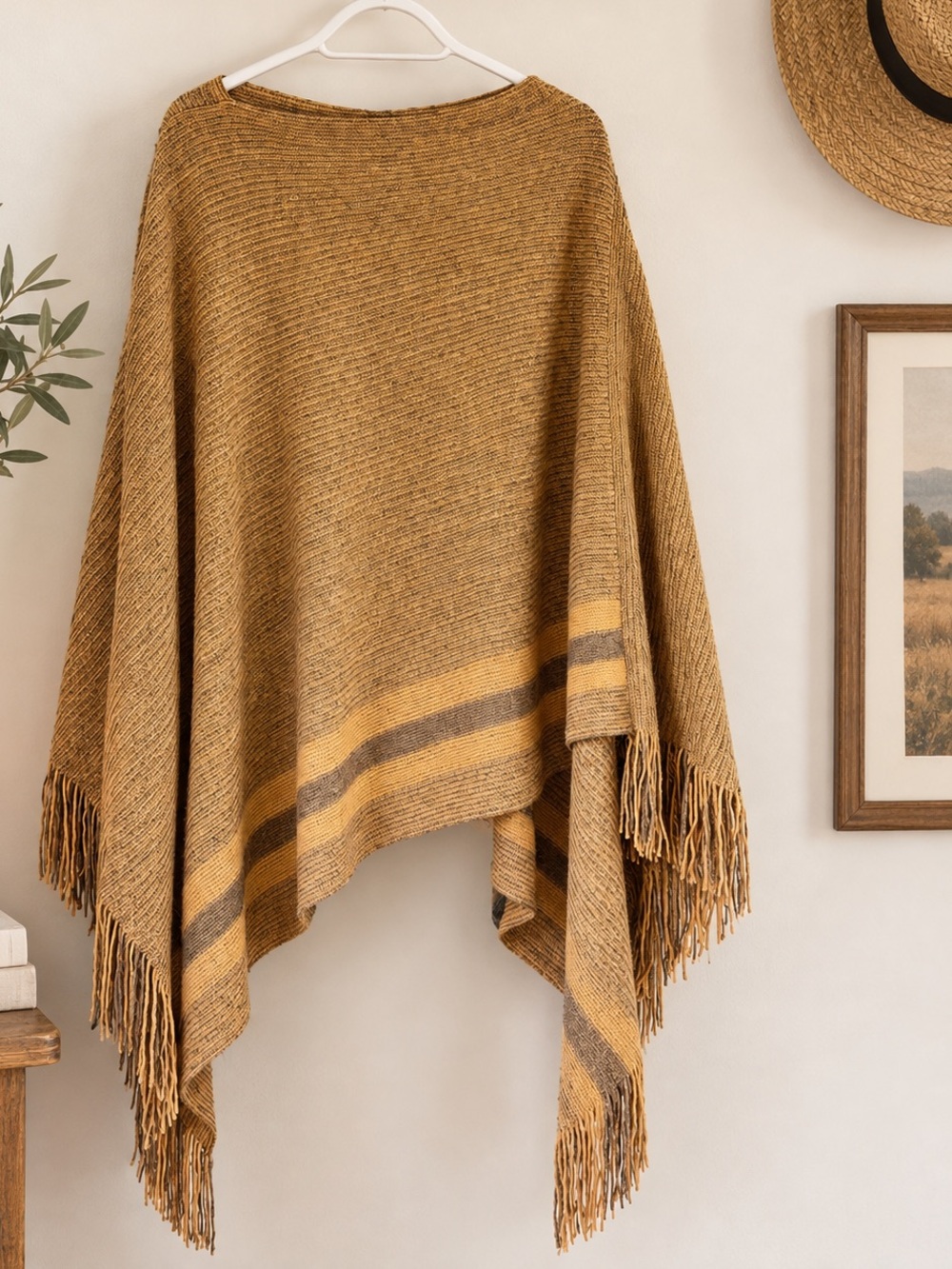 Gentle Fawn womenβs OSFM poncho shawl sweater w fringe Rich tan gray